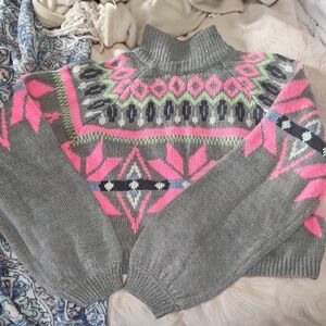 Cozy Grey Turtleneck Sweater with Pink Accents